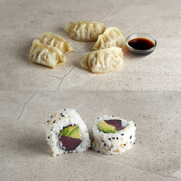 Gyozas de Carne + Maguro Uramaki